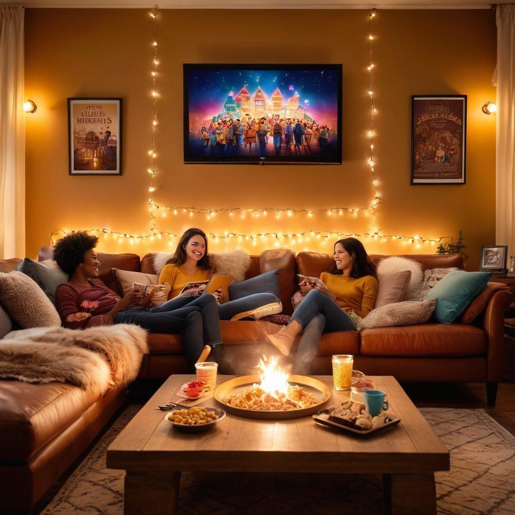 A cozy living room scene with a group of friends laughing and enjoying classic movies on a large screen, popcorn bowls overflowing, warm fairy lights twinkling in the background. Include movie posters on the walls depicting a variety of genres, and a big comfy sofa filled with colorful cushions. The atmosphere should feel inviting and vibrant, sparking the idea of memorable gatherings. super-realistic. warm colors. cozy ambiance.