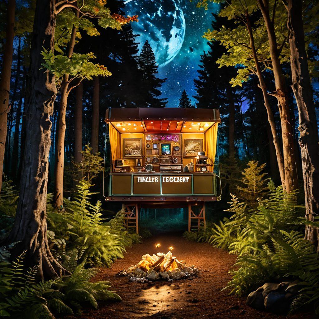 A whimsical scene depicting a secret film reel unfurling into a lush forest filled with vibrant hidden treasures, like vintage film posters and glowing popcorn trees. In the background, a cozy cinema nestled within the woods stands with its warm lights flickering, inviting explorers. Flickering stars twinkle overhead, adding a magical touch to the night sky. The mood is playful and enchanting, evoking a sense of adventure and discovery. super-realistic. vibrant colors. mystical atmosphere.