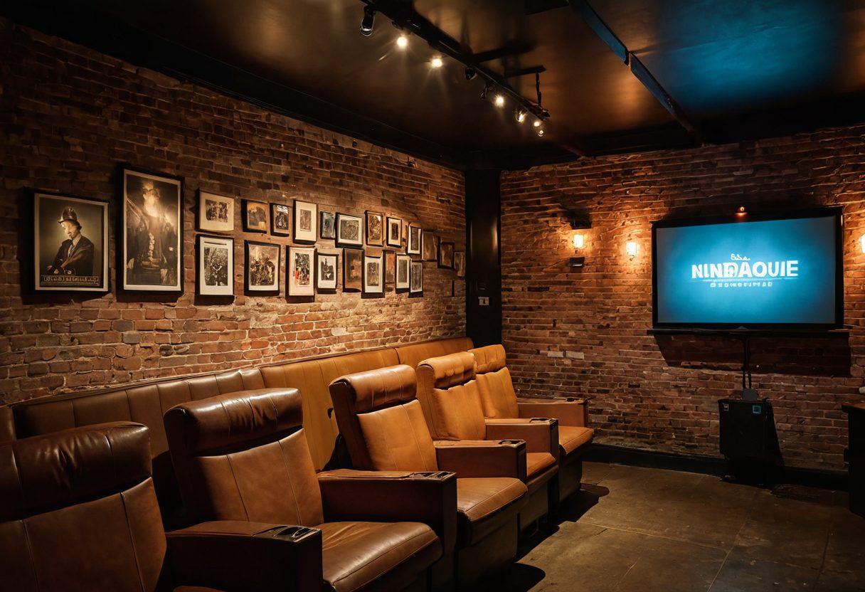 A dimly lit underground cinema featuring a vintage projector casting a classic film on a textured brick wall. Rows of plush, eclectic seating filled with excited film lovers, vibrant posters of lesser-known films adorning the walls. Soft golden light filtering through the space, evoking a sense of mystery and adventure. A small bar area in the corner with unique, themed refreshments and cozy ambiance. super-realistic. rich colors. cinematic atmosphere.